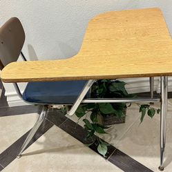 Vintage Mid-Century School Desk w/ Attached Chair – Wood & Metal – Retro Industrial Student Furniture, Office, or Prop