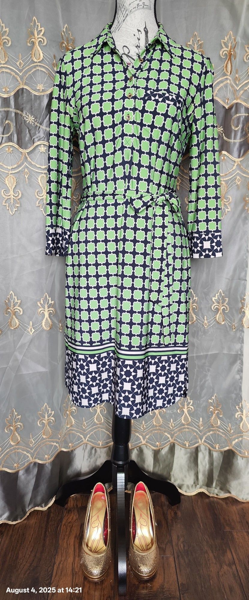 Donna Morgan Green Navy Button Up Collared Geometric Mini Dress. Size 4 - www.disolcolor.com Donna Morgan Green Navy Button Up Collared Geometric Mini Dress. Size 4 - www.disolcolor.com