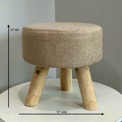 Greenbrier International Small Tan & White Cushioned Footstool with 3 Light Colored Wood Legs