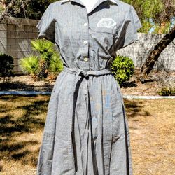 1980s Nahana Co Rockabilly Petite Sz 6 Grey Crosshatch Button Midi Dress GUC
