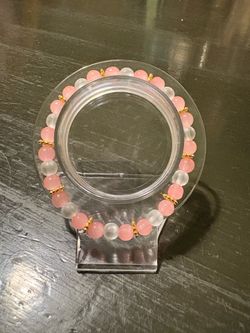 Homemade Pink&White Beaded Stretch Bracelet w/ Gold Spacers