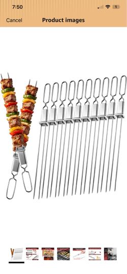 Skewers for Grilling- 16.8 inch (10 Pack) Double Pronged Flat Stainless Steel Kabob Skewers with Push Bar-Metal Skewers for Meat Chicken Vegetable- Re