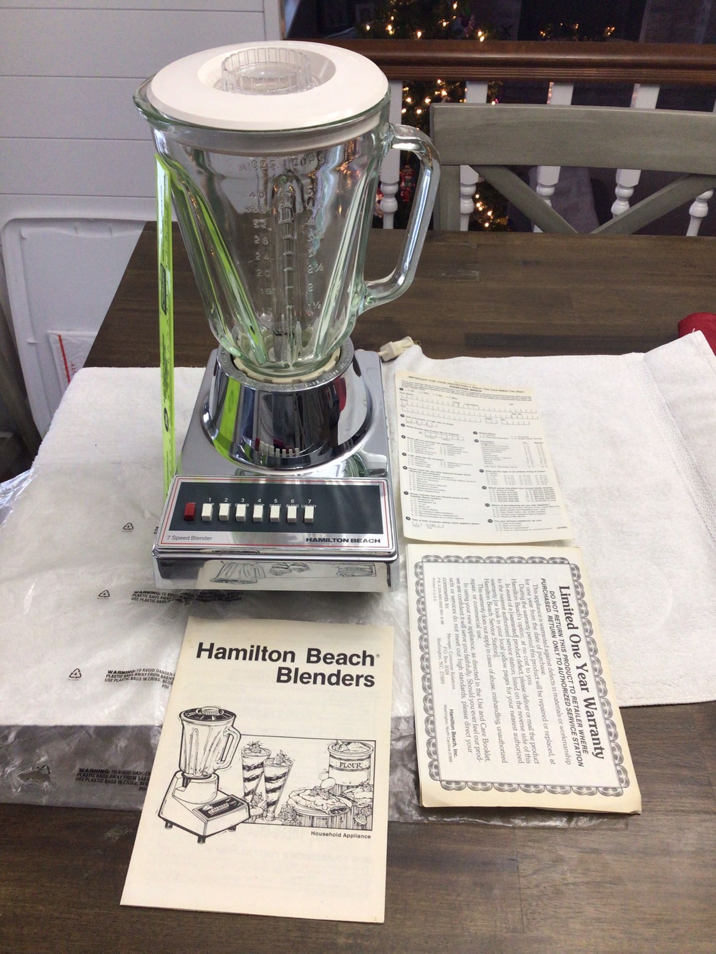 Vintage Hamilton Beach 7-Speed Blender Chrome Appliance Model #729, Never Used, Owners Manual, 1989
