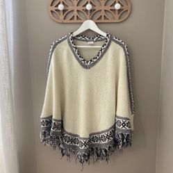EARTHBOUND Tribal Fringe Cape Sweater Beige Small