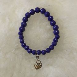 Dark Purple Beaded Bracelet With Butterfly Charm