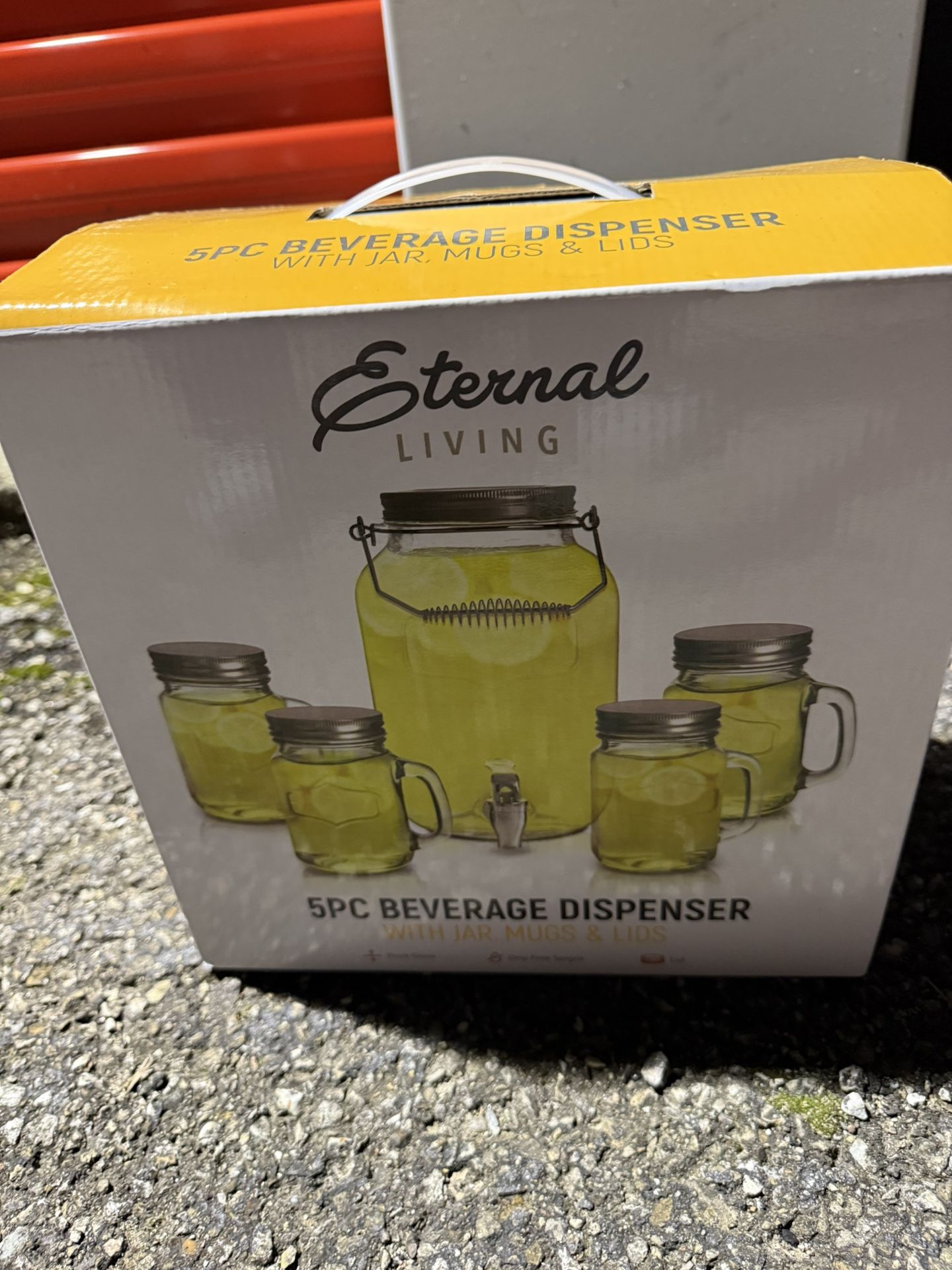 Eternal Living 5PC Beverage Tea Lemonade Mason Jar Dispenser, Mugs & Lids NIB