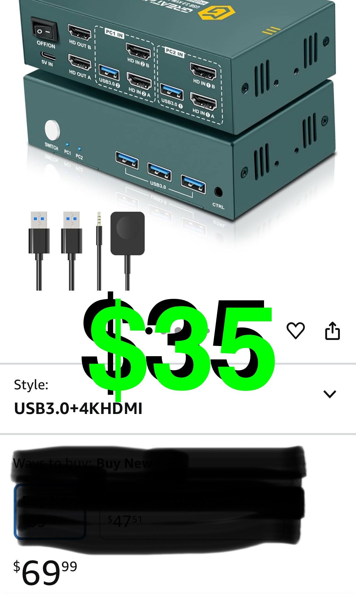 EVATEK - HDMI KVM Switch 2 Monitors 2 Computers 4K@60Hz, USB3.0 KVM Switch Dual Monitor with 3 USB 3.0 Ports Sharing Keyboard and Mouse, Printer/Scann