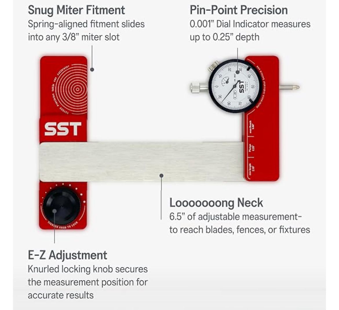 SST - Saw Gauge Calibrator - For Calibrating Saw Blades, Fences, & Jigs - Precise & Accurate Alignment - ½ in. Dial Indicator