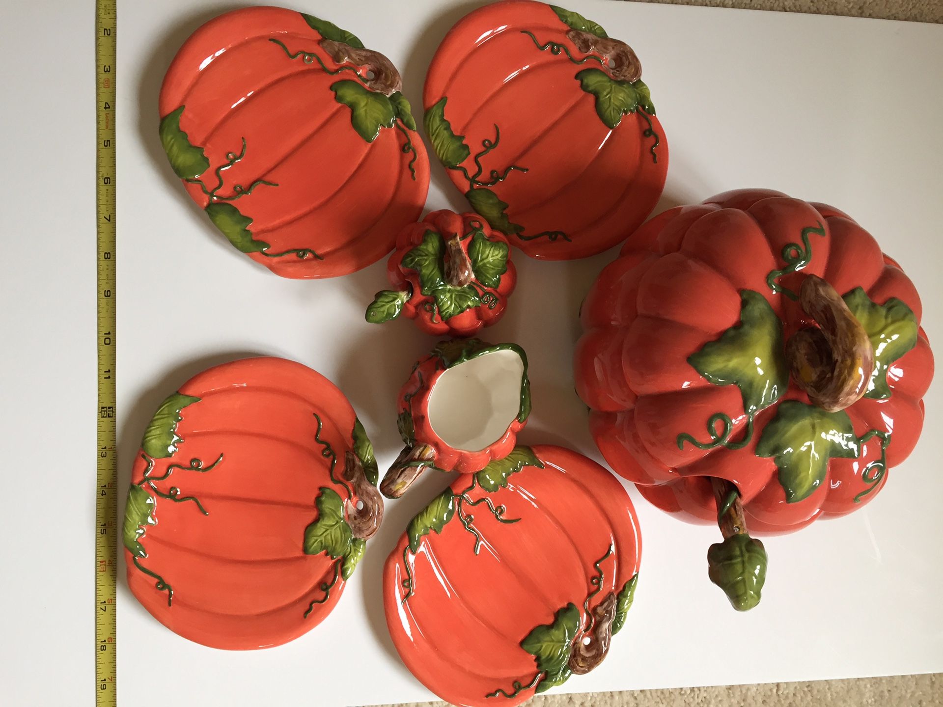 Pumpkin Tureen, Creamer, Sugar Bowl, Plate