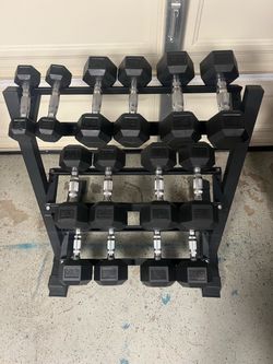 Rubber Hex Dumbbell Set with 3-Tier Rack