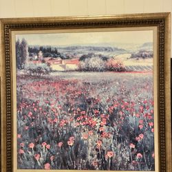 Large Framed Walk Art Painting French Countryside Landscape With Flowers