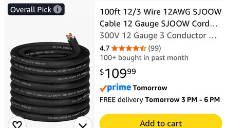 100ft 12/3 Wire 12AWG SJOOW Cable 12 Gauge SJOOW Cord Portable Power Cable 300V 12 Gauge 3 Conductor Wire 12/3 SJOOW Extension Cord for Motor Lead,LED