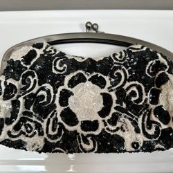 Beaded black and white WHITE HOUSE BLACK MARKET clutch with removable strap