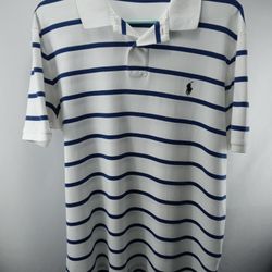 Ralph Lauren Mens Large Striped Polo Shirt
Excellent condition awesome color combination and design. White with Blue Stripes, Signature Polo Pony in B