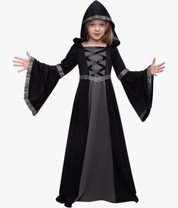 Medium kids Creations Black Hooded Robe Costume for Girls, Fairytale Witch Costume Halloween Role-playing Party