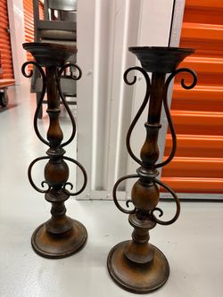 Pair of Tall Plasrer Metal Style Pillar Candleholders