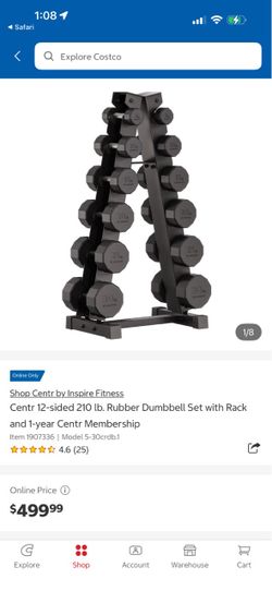 Centr 12-Sided 210 lb Rubber Dumbbell Set with Rack