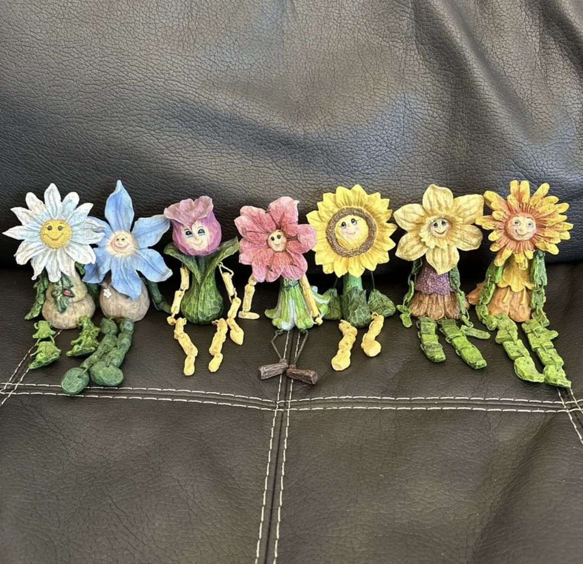 Set of 7 VINTAGE Anthropomorphic Flower Smiling Face Shelf Sitting Dangling Legs/Arms