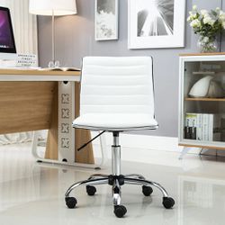 Swivel Mid Back Armless Ribbed Task Leather Chair, White upholstery and Chrome Makeup Vanity Desk Rolling Armless Adjustable Chair FLOOR MODEL