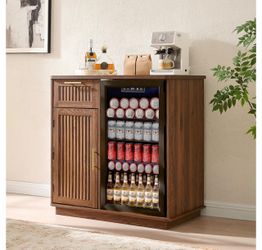 Mini Fridge Cabinet with Storage & Power Outlet, Walnut Coffee Bar Cabinet with Fridge Space, Fluted Bar Cabinet for Living Room, Dining Room, Dorm