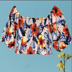 NWT Love By Design Floral Smocked Crop Knit Top - Pink, Orange, Blue & Yellow S 