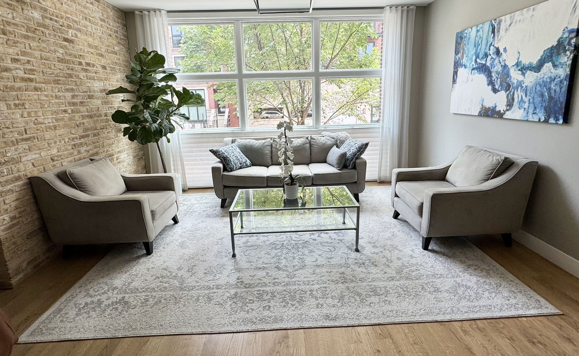 Living Room Gray Suede Sofa and Two Chairs Set