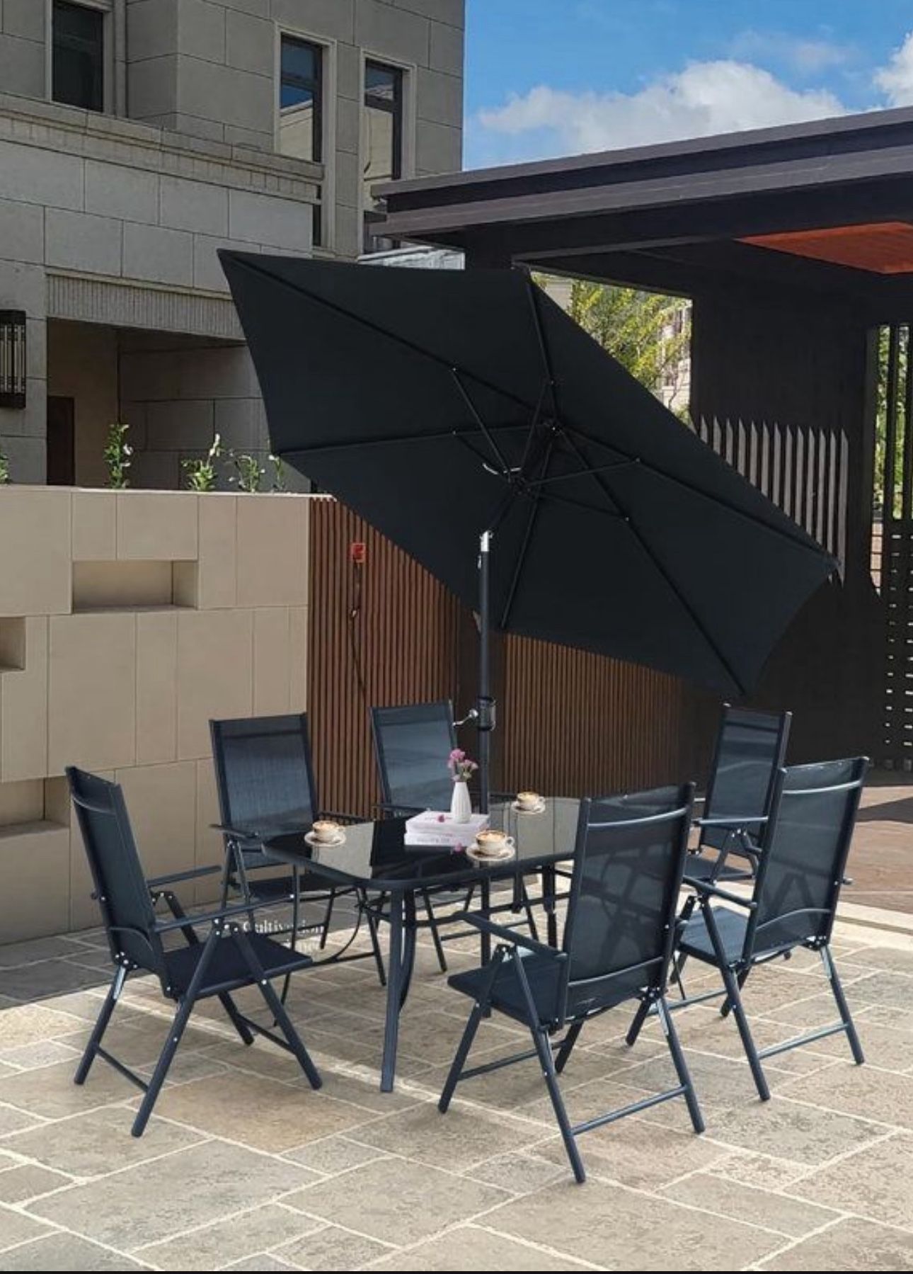 8-Piece Outdoor Patio Dining Set with Tilting Umbrella, Glass Table, & Folding Chairs