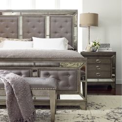 Highland Ave Grey Glam Queen Bed with Mirrored Accents