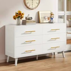 47”Dresser for Bedroom, 6 Double Drawers Dresser Gold Metal Handle, Deep Drawers, Smooth Metal Rail, White