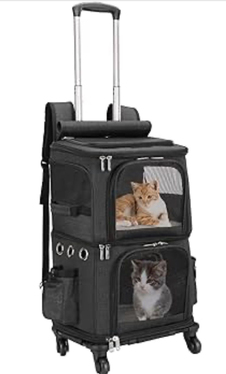 Double-Compartment Pet Carrier Backpack with Wheels for Small Cats and Dogs, Cat Rolling Carrier for 2 Cats, Perfect for Traveling/Taking a Walk/Trips