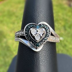 Jewelry .925 sterling silver heart  natural diamond blue sapphire 0.30CTW heart Ring size 7.50