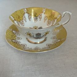 Vintage Paragon Teacup saucer SET Fine Bone China England GOLD Yellow Blue