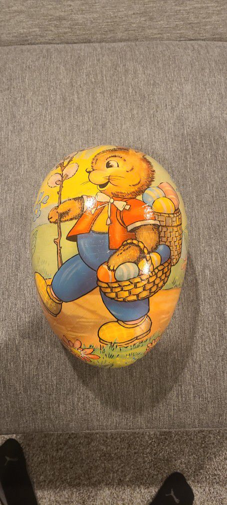Large Rare Retail Easter Display Candy Container Egg German Bunny Paper Mache Lithograph Egg Western Germany Mid-Century C 1950

