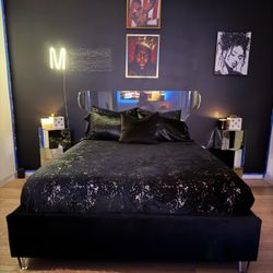 Queen Acrylic & Black Velvet Upholstered Bed & Vintage Mirrored Nightstands