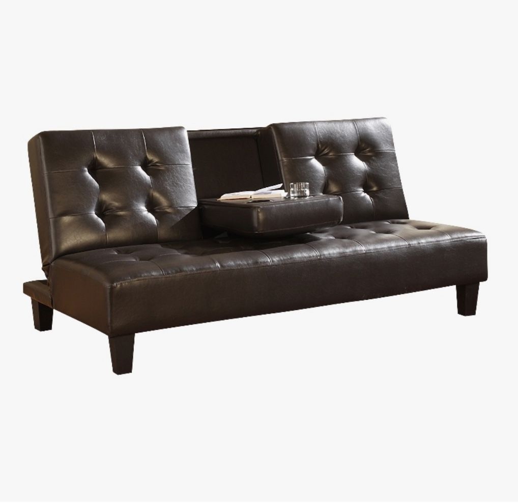 Modern Faux Leather Futon with Cup Holder in Espresso