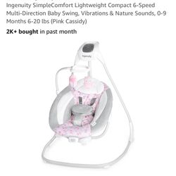 Ingenuity SimpleComfort Lightweight Compact 6-Speed Multi-Direction Baby Swing, Vibrations & Nature Sounds, 0-9 Months 6-20 lbs (Pink Cassidy)