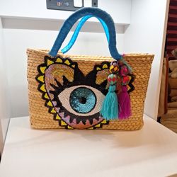 EVIL EYE SEQUINS STRAW HAND BAG 