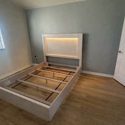 Modern Queen Bed Frame w/ LED Headboard – White – Like New