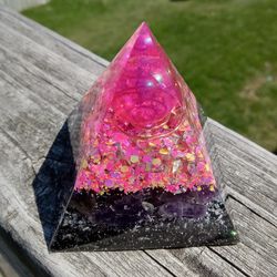 Pink aura quartz and amethyst orgonite orgone resin pyramid figurine home decor
