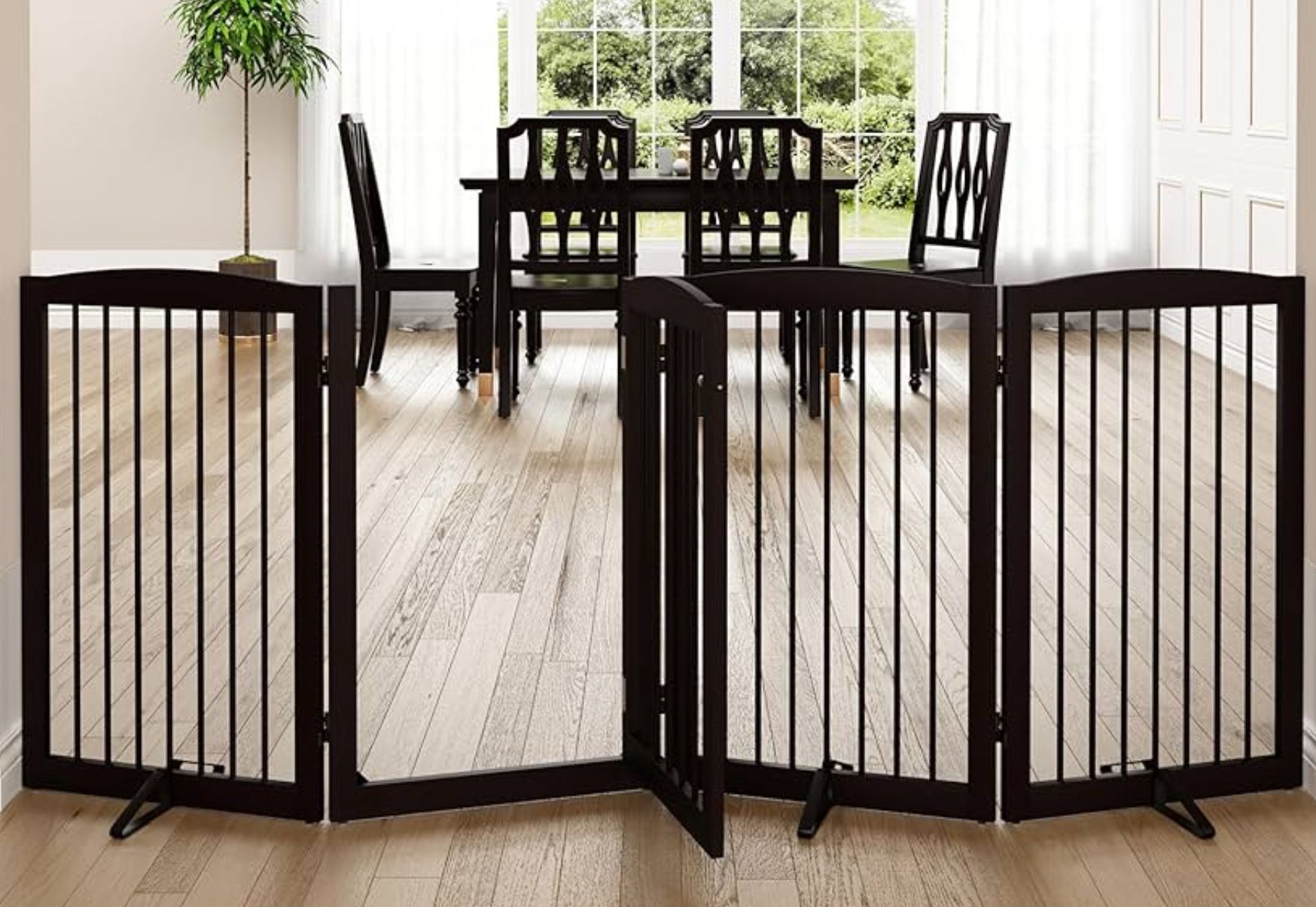 Freestanding Dog Gates with Door Walk Through, 80 inch Wide Gates Indoor, Dog Fences Indoor, Support Feet Included, 4 Panels, 32" Tall, Dark Brown B50
