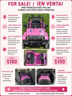 Pink Princess Ride-On Electric Car – New Battery – $120