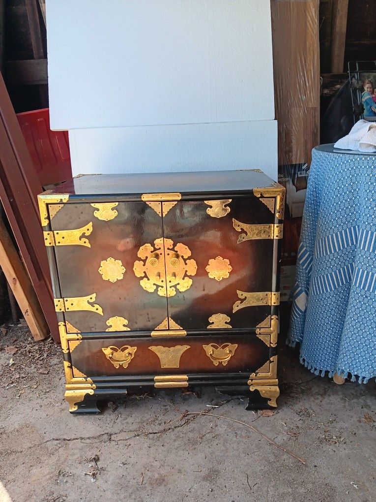 Vintage Asian Burl Wood and Brass Tansu Chest Mid Century