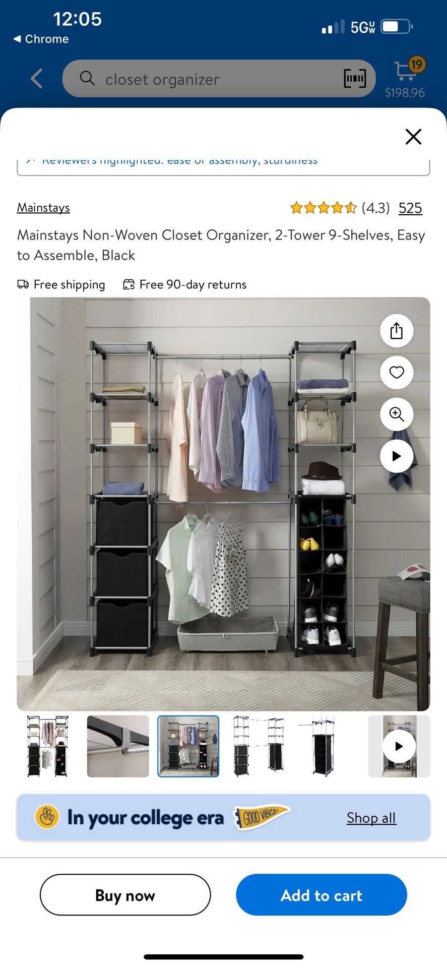 Mainstays Non-Woven Closet Organizer, 2-Tower 9-Shelves, Easy to Assemble, Black
