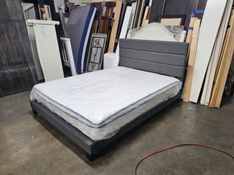 Queen Gray Upholstered Platform Bed with Mattress