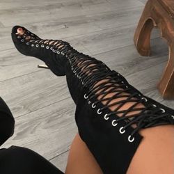 Vintage Lace-up Cutout Stiletto Heel Thigh-high Boots