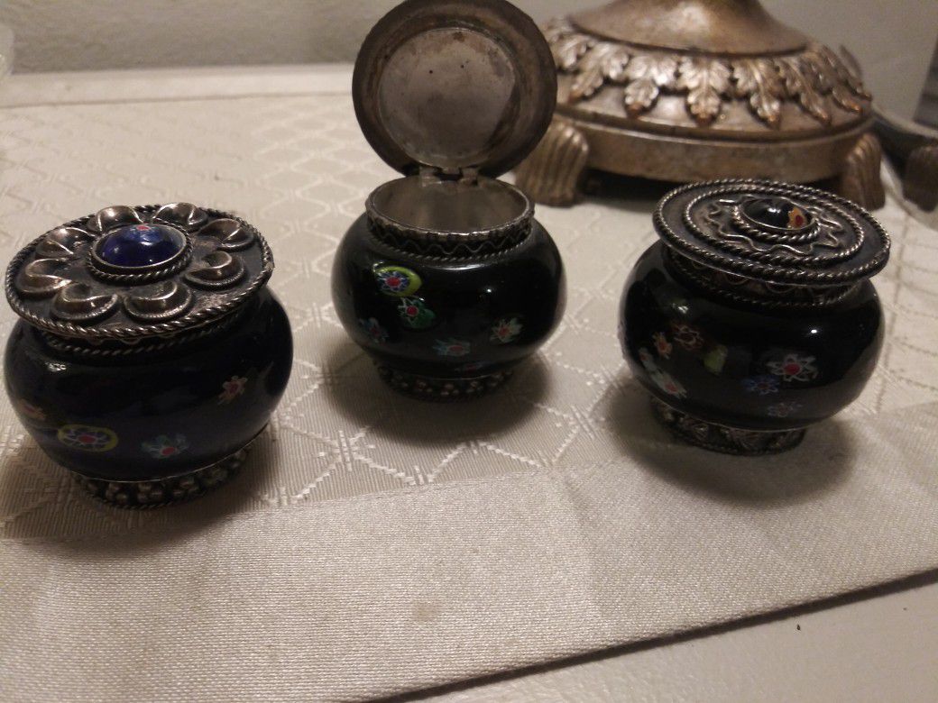 3 Antique Blue Colbalt dresser Jar/ Powder Jar