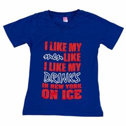 LAT Womens S Hockey Graphic T Shirt New York Short Sleeve V-Neck Blue Red