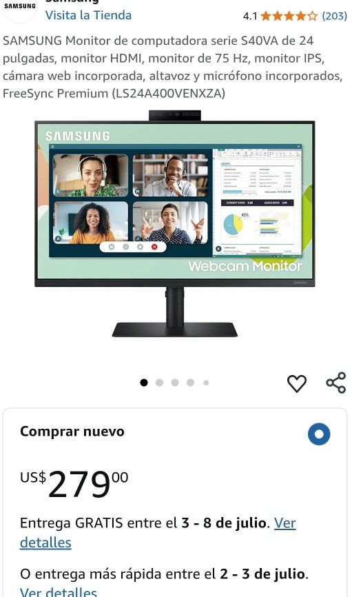SAMSUNG Monitor de computadora serie S40VA de 24 pulgadas, monitor HDMI, monitor de 75 Hz, monitor IPS, cámara web incorporada, altavoz y micrófono in