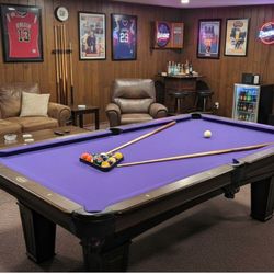 Custom Dark Wood Pool Table with Striking Purple Felt - Accessories Included