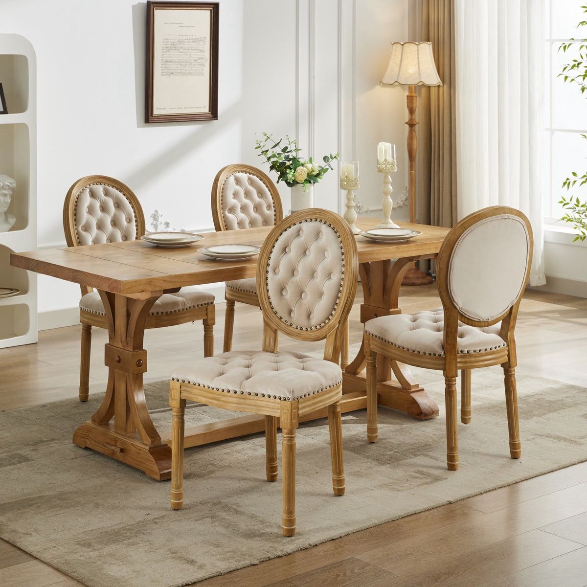 Set Of 4 -  French Style Antique Dining Chairs w/ Beige Velvet Cushions [NEW]